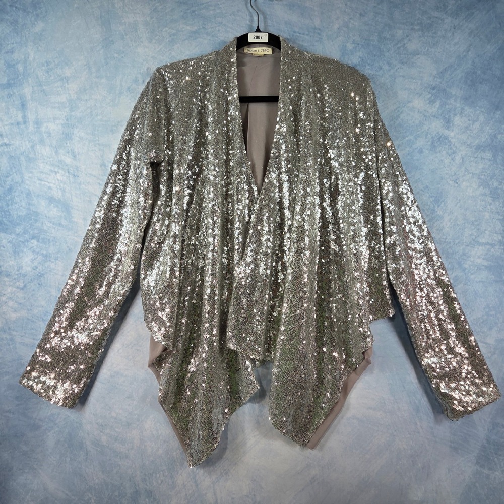 Double Zero Womens Silver Sequin Open Front Draped Waterfall Cardigan Jacket L
